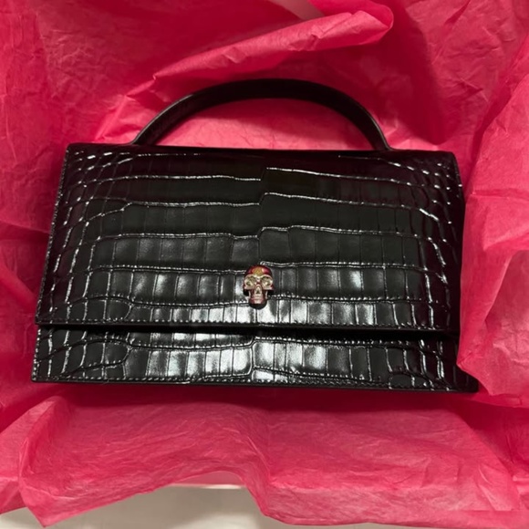 MCQUEEN Medium Skull Croc-Embossed Leather Top Handle Bag - Picture 9 of 9